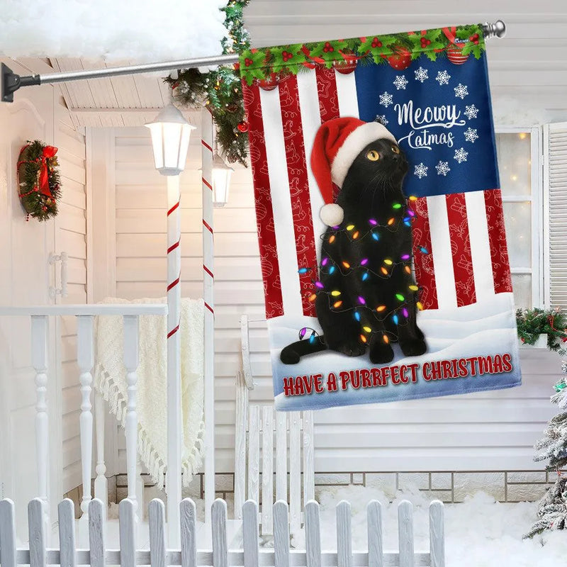 Double-Sided Holiday Yard Flag, Black Cat Christmas Garden Flag Bombay Cat Santa Hat American Flag, Cat Lover Xmas Decor Present