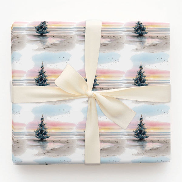 Sunset Beach Holiday Gift Wrap, Coastal Christmas Tree Wrapping Paper, Watercolor Ocean Scene Wrapping Paper, Seaside Gift Wr