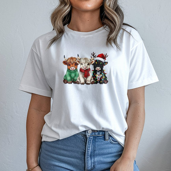 Adorable Farm Animal Holiday Shirt, Highland Cow Christmas T-Shirt, Festive Cow in Sweater Graphic Tee, Xmas Cow Lover T-Shir