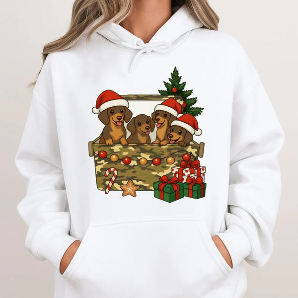 Adorable Wiener Dog Puppy Holiday Hoodie, Dachshund Christmas Hoodie, Retro Xmas Pet Lover Hoodie, Dog Mom Winter Sweatshirt,