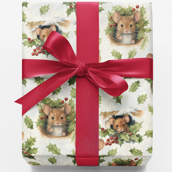 Forest Animal Christmas Gift Wrap, Winter Woodland Mice Wrapping Paper, Holiday Mouse Present Paper Roll, Nature Xmas Wrappin