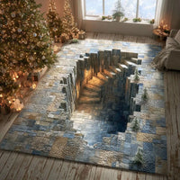 Realistic Winter Landscape Floor Rug, 3D Glacier Steps Area Rug, Non-Slip Christmas Living Room Carpet, Seasonal Holiday Decor