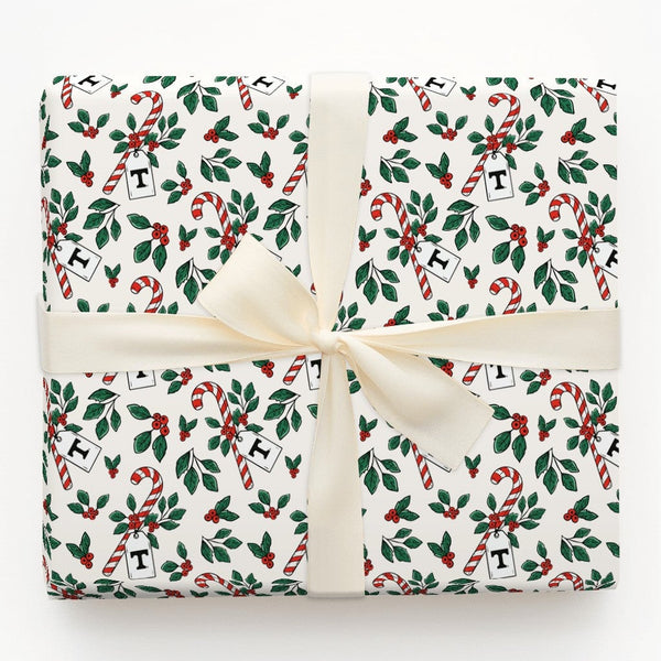 Candy Cane Holly Gift Wrapping Paper, Letter T Monogram Wrapping Paper, Personalized Initial T Christmas Gift Wrap, Holiday G