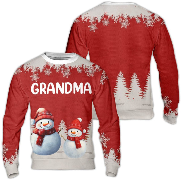 Festive Snowman Snowflake Fleece Pullover, Grandma Ugly Christmas Sweater, Adorable Holiday Mimi Nana Crewneck, Grandma Xmas 