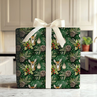 Watercolor Pine Cone Gift Wrap, Woodland Deer Christmas Wrapping Paper, Winter Forest Holiday Wrapping Paper, Rustic Green Gift Wrap Roll