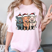 Humorous Santa Hat Pig Shirt, Christmas Pigs T-Shirt, Adorable Holiday Lights Farm Pig Graphic Tee, Country Farm Life Christmas Pig Lover T-Shirt