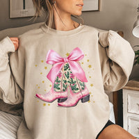 Western Holly Bow Holiday Crewneck, Pink Cowboy Boots Christmas Sweatshirt, Adorable Country Xmas Pullover
