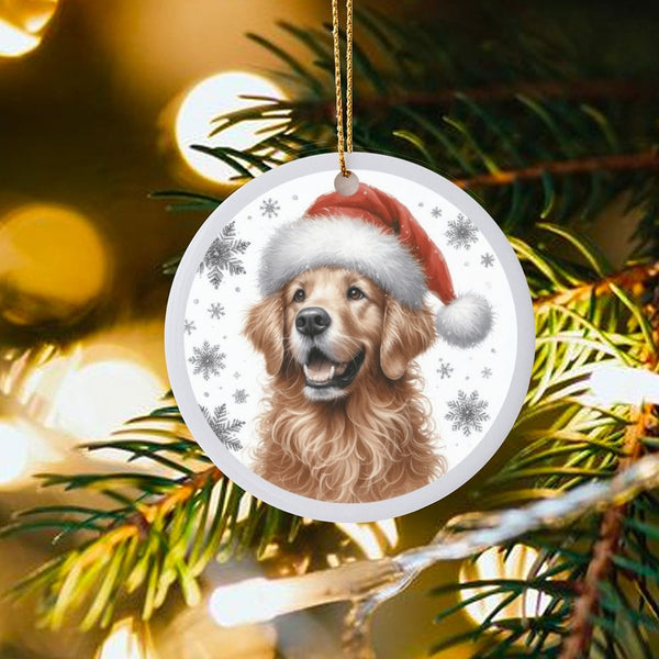Santa Hat Dog Ceramic Ornament, Golden Retriever Christmas Ornament, Holiday Puppy Tree Ornament, Pet Keepsake Present for Do