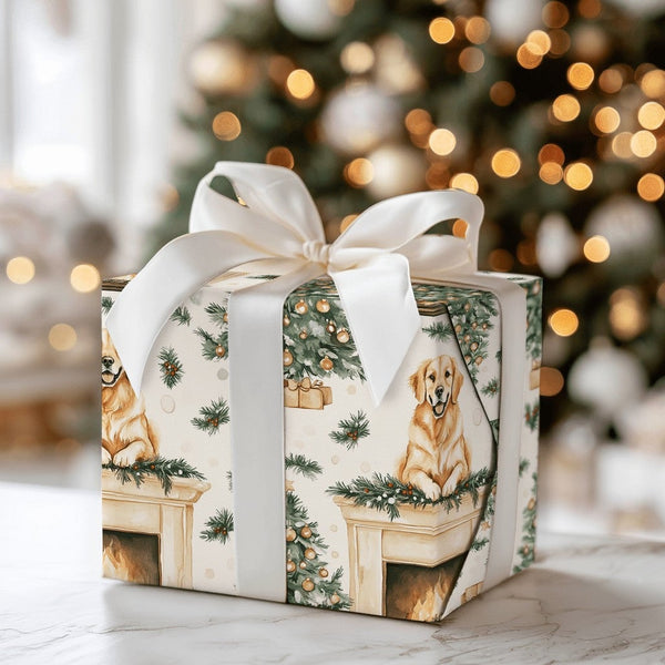 Comfy Christmas Dog Gift Wrap, Golden Retriever Wrapping Paper, Fireplace Tree Wrapping Paper, Holiday Pet Present Wrap, Retr