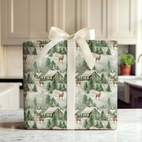 Vintage Snowy Cabin Gift Wrap, Winter Woodland Wrapping Paper, Rustic Forest Deer Wrapping Paper, Christmas Holiday Present Gift Wrap