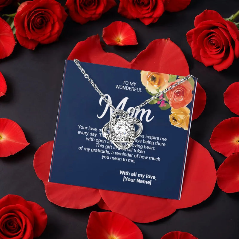 Mother Love Knot Necklace, Love Knot Necklace for Mom, CZ Crystal Pendant Necklace, Rotating Rose Gift Box, Birthday Christmas Present