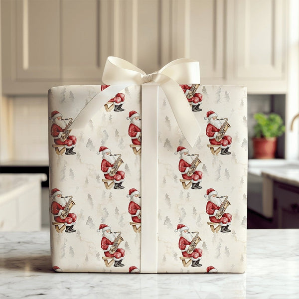 Watercolor Jazz Christmas Gift Wrap, Santa Playing Saxophone Wrapping Paper, Musical Stool Santa Wrapping Paper, Holiday Gift