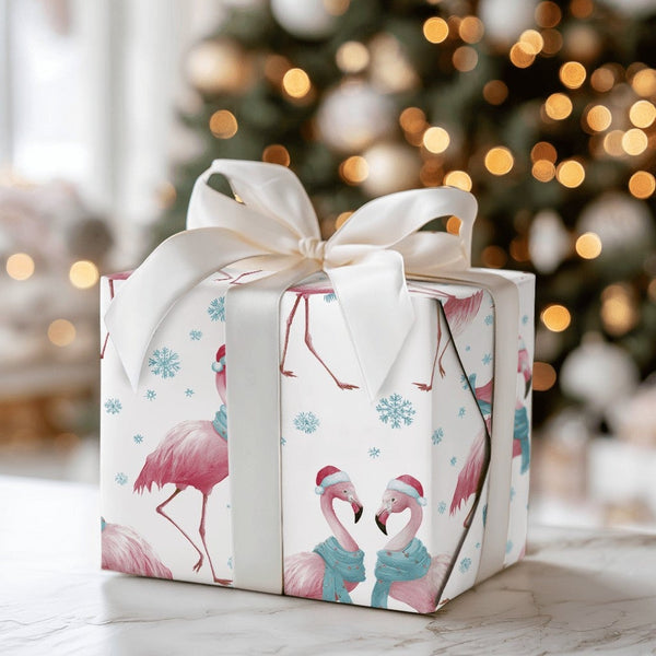 Tropical Santa Hat Holiday Gift Wrap, Christmas Flamingo Wrapping Paper, Adorable Winter Animal Present Paper, Coastal Xmas W