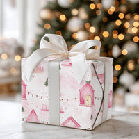 Pastel Holiday House Gift Wrap, Pink Christmas Village Wrapping Paper, Whimsical Winter Wrapping Paper, Festive Pink Xmas Gift Wrap Roll