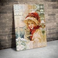 Vintage Winter Illustration Canvas Print, Victorian Girl with Cat Canvas Wall Art, Comfy Holiday Canvas, Antique Christmas Wall Art Present