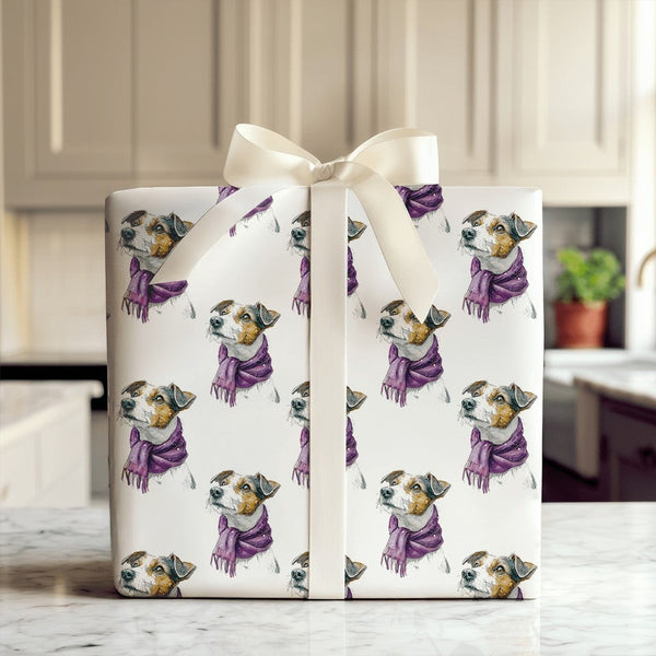 Dog in Scarf Christmas Wrapping Paper, Jack Russell Terrier Wrapping Paper, Adorable Puppy Holiday Wrapping Paper, Gift Wrap 