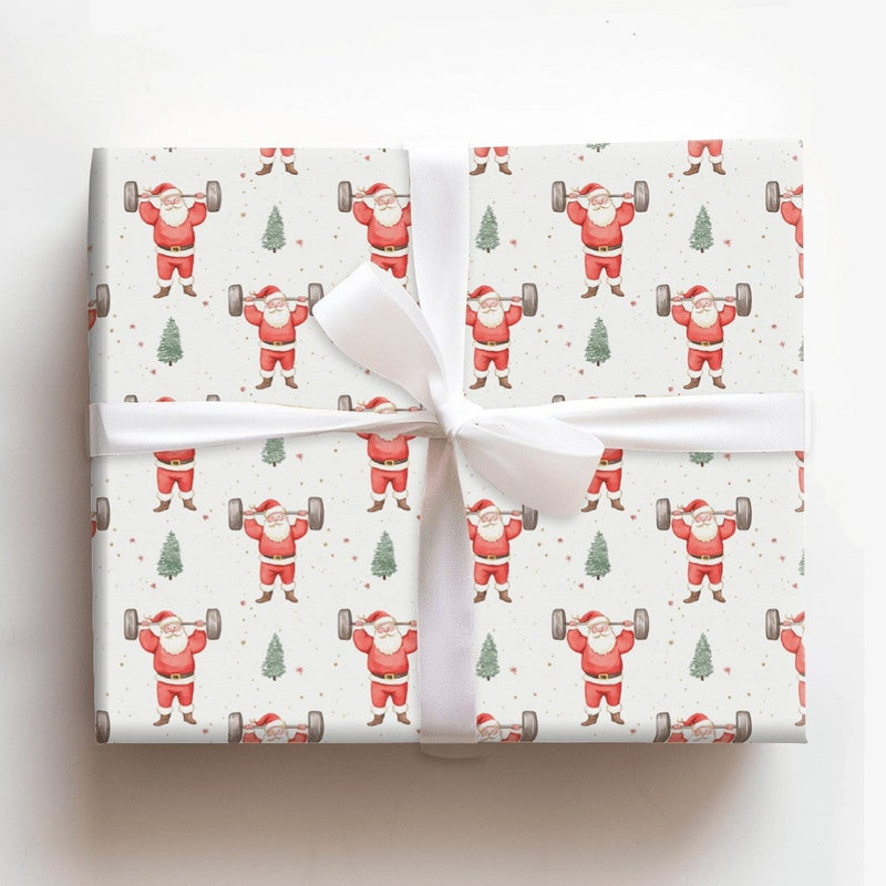 Humorous Gym Weightlifting Gift Wrap, Barbell Santa Christmas Wrapping Paper, Fitness Santa Holiday Paper, Workout Lover Present Wrapping Paper