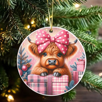 Adorable Baby Cow Pink Bow Ceramic Ornament, Highland Cow Christmas Ornament, Farmhouse Holiday Tree Decor, Rustic Xmas Keepsake Ornament