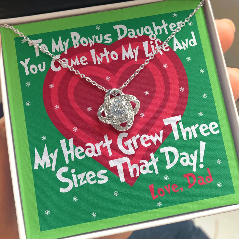 Stepdaughter Pendant Necklace, Bonus Daughter Love Knot Necklace, Christmas Message Card Knot Necklace, Present for Stepdaughter from Dad