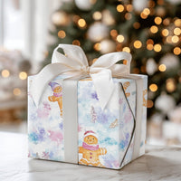 Pastel Winter Holiday Gift Wrap, Watercolor Gingerbread Man Wrapping Paper, Whimsical Christmas Wrapping Paper, Snowy Forest Gift Wrap Roll