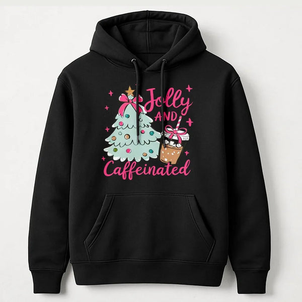 Christmas Coffee Lover Hooded Sweatshirt, Jolly and Caffeinated Hoodie, Retro Pink Christmas Tree Hoodie, Holiday Coffee Pres