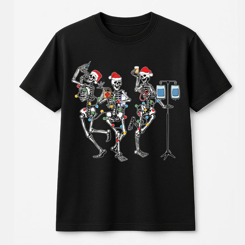 Dancing Skeleton Medical Holiday Tee, Christmas Nurse T-Shirt, Humorous Hospital RN Graphic Shirt, Festive Healthcare Worker Christmas T-Shirt