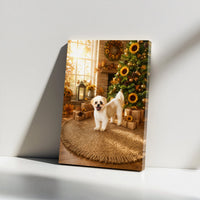 Holiday Puppy Sunflower Wall Art, Sunflower Christmas Dog Canvas, Festive Dog Christmas Tree Canvas Print, Autumn Sunflower Dog Decor