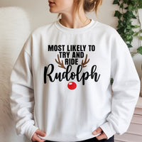Humorous Christmas Reindeer Sweatshirt, Most Likely to Ride Rudolph Sweatshirt, Matching Holiday Crewneck, Adorable Xmas Party Pullover Sweatshirt
