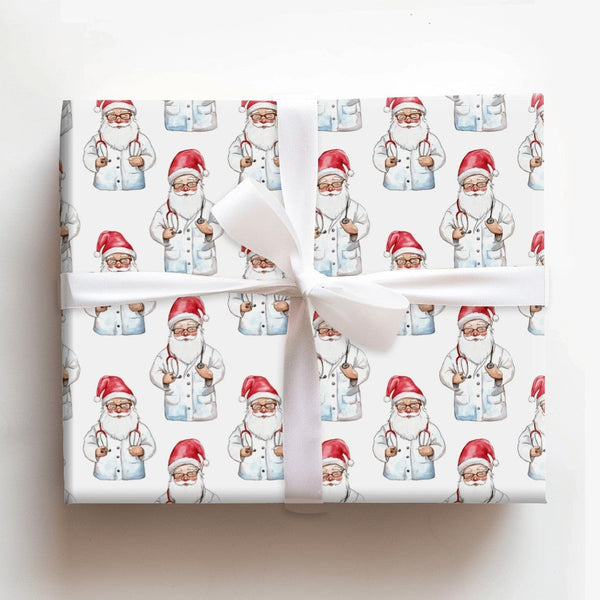 White Lab Coat Christmas Gift Wrap, Doctor Santa Wrapping Paper, Watercolor Medical Santa Wrapping Paper, Nurse Doctor Holida