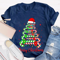 Festive Merry Tree Graphic Tee, Christmas Candy Tree T-Shirt, Holiday Candy Cane Christmas Shirt, Adorable Winter Apparel, Christmas Present