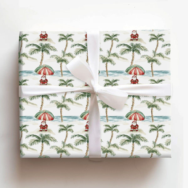 Beach Christmas Gift Wrap, Tropical Santa Wrapping Paper, Coastal Holiday Vacation Wrapping Paper, Palm Tree Summer Wrapping 
