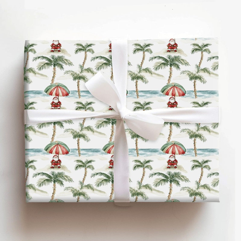Beach Christmas Gift Wrap, Tropical Santa Wrapping Paper, Coastal Holiday Vacation Wrapping Paper, Palm Tree Summer Wrapping Paper Roll