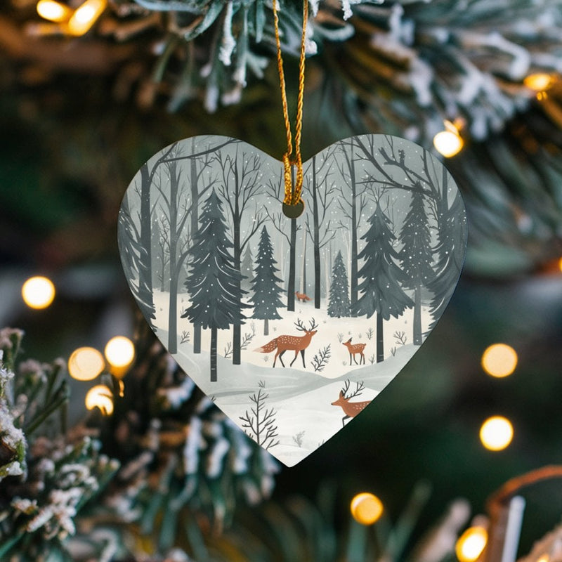 Woodland Heart Ceramic Ornament, Winter Forest Deer Ornament, Heart Christmas Tree Ornament, Nature Wildlife Keepsake Present