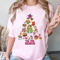 Mexican Food Tree Graphic Tee, Our Lady of Guadalupe Christmas T-Shirt, Hispanic Holiday Shirt, Virgin Mary Festive T-Shirt, Latina Present