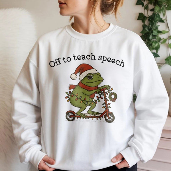 Christmas Frog Scooter Crewneck, Speech Therapist Christmas Sweatshirt, Adorable SLP Christmas Sweater, Speech Pathology Holi