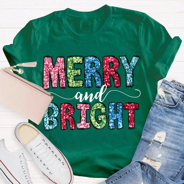 Colorful Festive Christmas Shirt, Merry and Bright Christmas T-Shirt, Retro Holiday Typography Graphic Tee, Adorable Christma