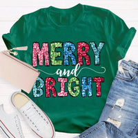 Colorful Festive Christmas Shirt, Merry and Bright Christmas T-Shirt, Retro Holiday Typography Graphic Tee, Adorable Christmas Tee
