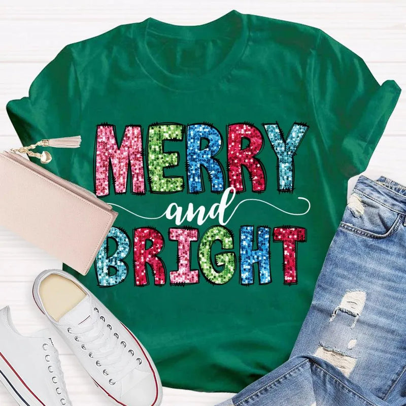 Colorful Festive Christmas Shirt, Merry and Bright Christmas T-Shirt, Retro Holiday Typography Graphic Tee, Adorable Christmas Tee