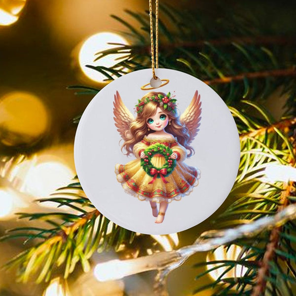 Ceramic Angel Holiday Ornament, Adorable Angel Wreath Christmas Ornament, Wreath Angel Tree Ornament, Festive Ceramic Keepsak