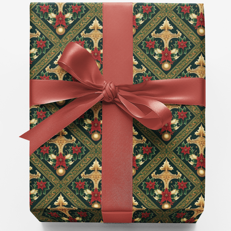 Red Poinsettia Holiday Gift Wrap Roll, Regal Gold Emblem Christmas Wrapping Paper, Vintage Green Floral Present Paper