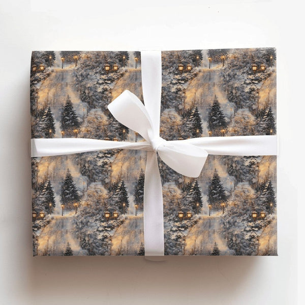 Winter Dusk Landscape Gift Wrap, Snowy Forest Lamppost Wrapping Paper, Scenic Christmas Wrapping Paper, Comfy Holiday Gift Wr