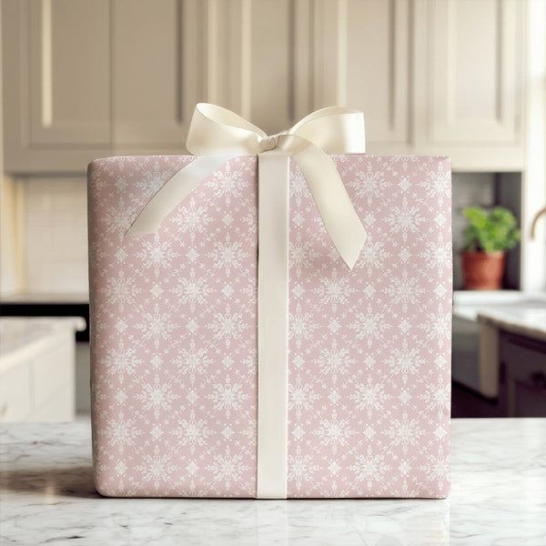 Lace Winter Holiday Gift Wrap, Pink Snowflake Wrapping Paper, Pastel Christmas Wrapping Paper, Festive Snowflake Present Pape