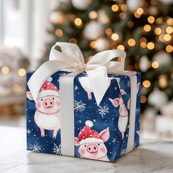 Santa Hat Piggy Holiday Gift Wrap, Adorable Christmas Pig Wrapping Paper, Whimsical Animal Present Wrap, Navy Winter Packagin