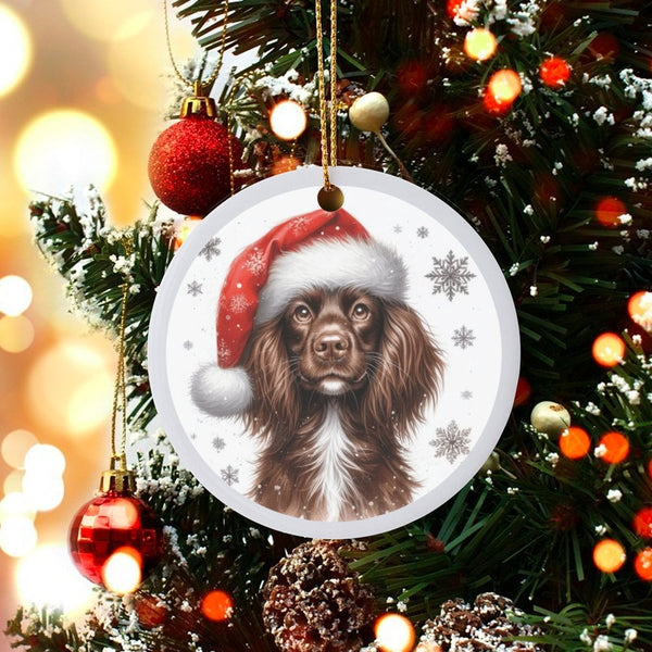 Santa Hat Dog Ornament, Brown Spaniel Christmas Ornament, Ceramic Holiday Pet Keepsake, Festive Tree Decoration, Dog Mom Pres