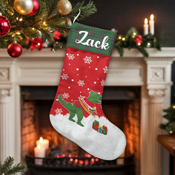 Personalized Dino Stocking, Dinosaur Christmas Stocking, Plaid Cuff Holiday Stocking, Custom Kids Christmas Stocking, Dinosau