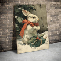 Winter Bunny Red Bow Holly Canvas Print, Vintage Christmas Rabbit Canvas, Rustic Holiday Bunny Wall Art, Farmhouse Xmas Decor Present