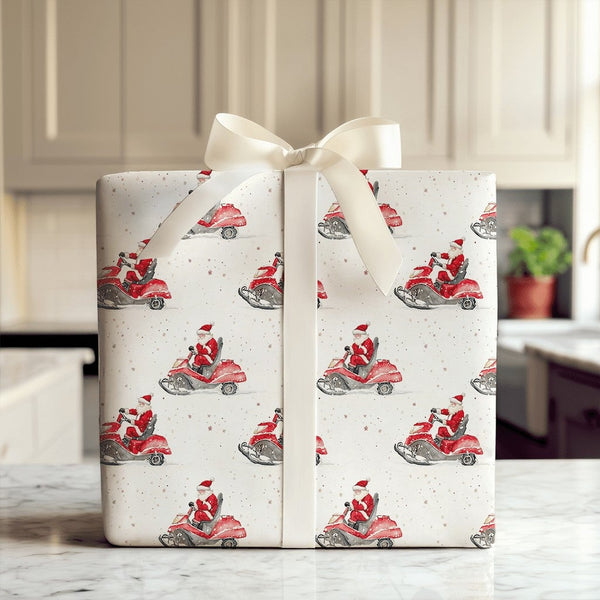 Watercolor Santa Gift Wrap, Santa Claus Snowmobile Wrapping Paper, Red Snowmobile Christmas Wrapping Paper, Whimsical Holiday