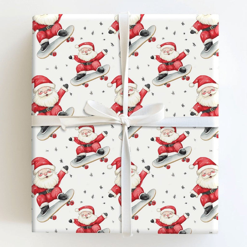 Cartoon Skater Santa Gift Wrap, Skateboarding Santa Snowflake Wrapping Paper, Whimsical Christmas Present Wrap, Fun Holiday Paper Roll