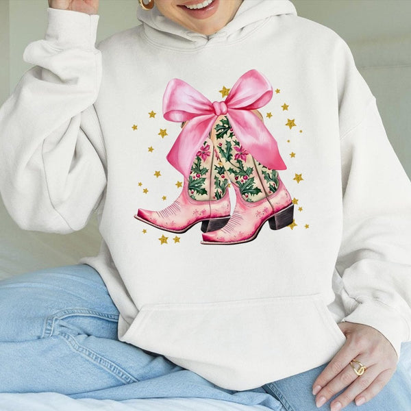 Western Holly and Bow Hooded Sweatshirt, Pink Cowboy Boots Christmas Hoodie, Coquette Cowgirl Pullover, Festive Holiday Prese