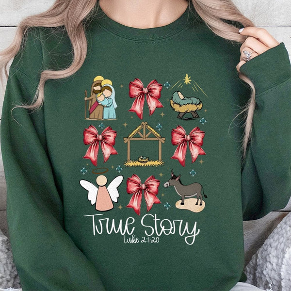 Coquette Bow Christian Christmas Sweatshirt, True Story Nativity Sweatshirt, Faith Holiday Crewneck, Religious Jesus Xmas Swe